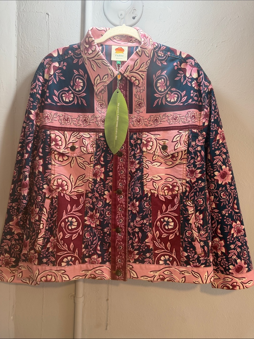 FARM Rio Pink & Blue Floral Patchwork Jean Jacket PTP:24” oversized